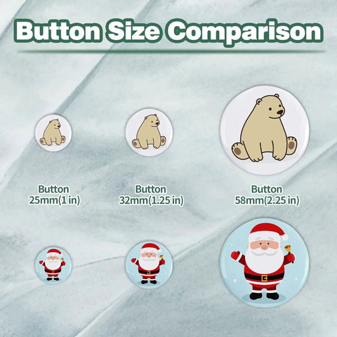 Button size comparison collage showing 25mm, 32mm, and 58mm round badges with bear and Santa designs.