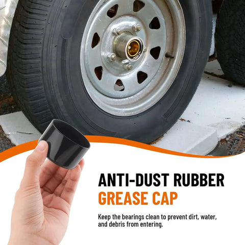 1.98 Inch Trailer Wheel Bearing Protectors Kit With Chromed Stainless Steel Dust Cap And Auto Grease Check shown next to a tire
