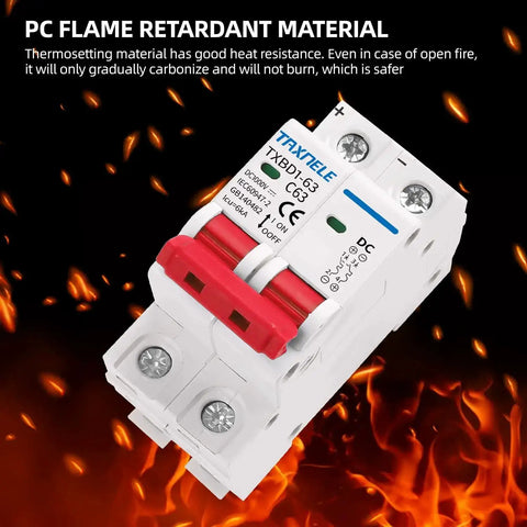 2P 1000V 63A Solar DC Mini Circuit Breaker With Thermal Magnetic Trip, shown against a flame-retardant background
