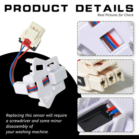 Washer speed sensor wiring harness, white plastic connector with red and blue wires; multiple views