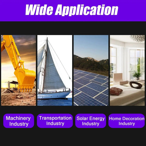 Wide application in machinery, transportation, solar energy, and home decoration industries, showing relevant images.