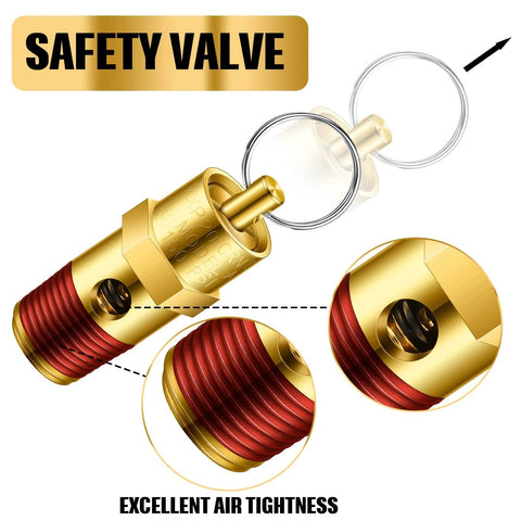 Brass air compressor safety relief valve with red threaded end, 1/4 inch NPT, exploded view