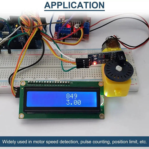 Speed Sensor Module LM393 Comparator Slot Type IR Optocoupler for motor speed detection with Arduino setup displayed.