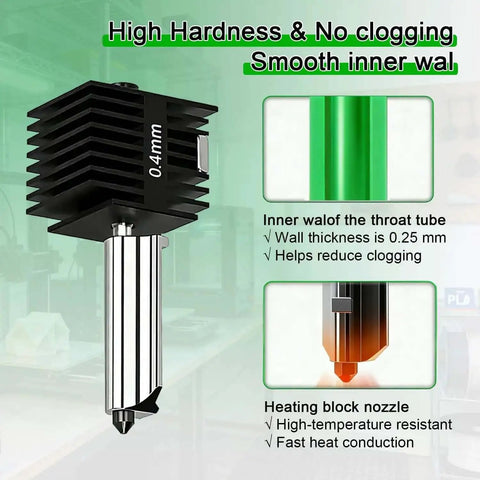 2 Pack A1 Mini And A1 Hotend Kit With 0.4mm Hardened Steel Nozzle, details of throat tube and heating block nozzle features