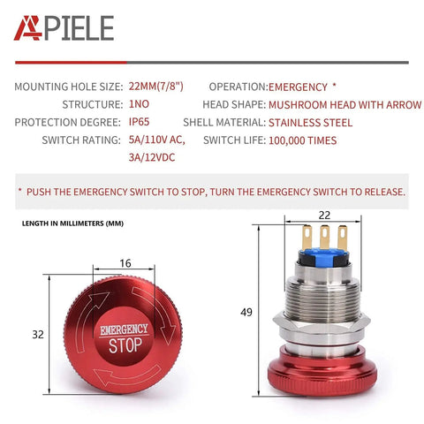 APIELE 22mm red metal emergency stop push button, front mushroom head; side view shows threaded housing and three terminals.
