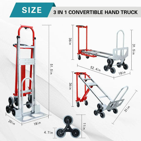 3 In 1 Convertible Aluminum Hand Truck Dolly With 1000 Lbs Capacity, Stair Climbing Upright Mode, dimensions illustration