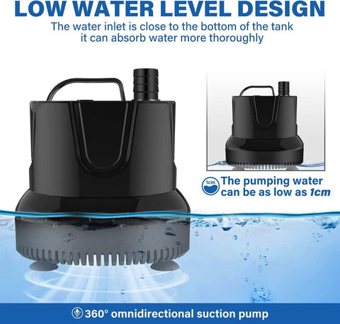 Simple Deluxe 800GPH bottom-suction submersible fountain pump, black plastic with 3 nozzle outlets.