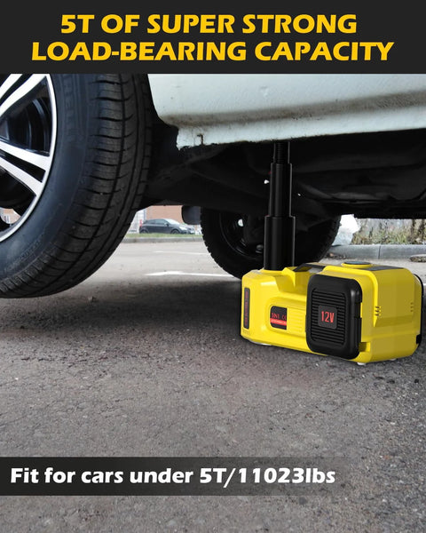Electric car jack, yellow 12V unit under a car lifting a wheel with a black screw-rod jack.