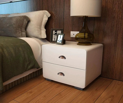 Bedroom nightstand with Rustic Copper Half Moon Cabinet Pulls 12 Pack Small Metal Kitchen Cabinet Handles installed on drawer fronts