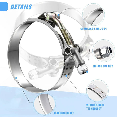 Close-up of Sixteen Pack T Bolt Hose Clamps Set With Eight Size Options From 3/4 Inch To 2.5 Inch Premium 304 Stainless Steel