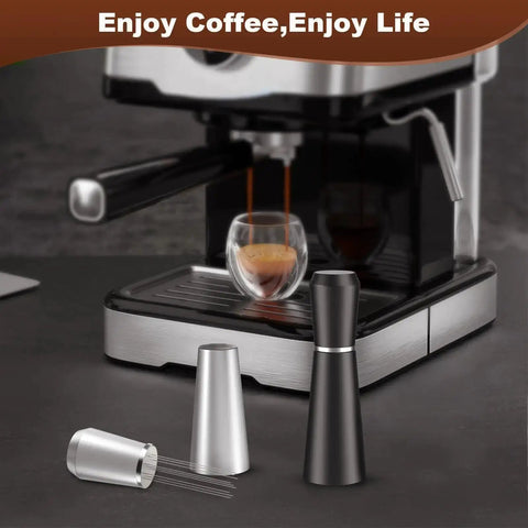 Espresso Distribution Tool WDT With 8 Pin 0.35mm Stainless Steel Needles, Black Aluminum Alloy Handle in use by espresso machine