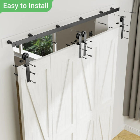 9 Ft Bi Fold Sliding Barn Door Hardware Kit With 108 Inch Rail For Four Doors Up To 26.5 Inches Wide Heavy Duty Steel Roller Hanger System With Quiet Nylon Wheels And 330 Lb Weight Capacity No Door Included installed example