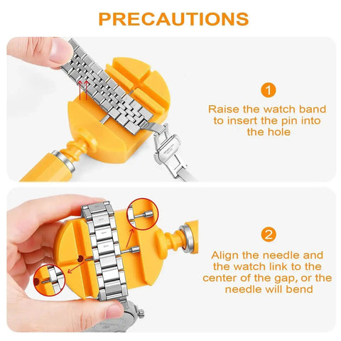 32 Piece Watch Link Removal Kit With Pro Band Replacement Tool For DIYers, yellow device used to adjust watch bands