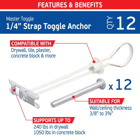 Heavy Duty Master Toggle Bolts Kit 12 Pack With 12 Steel Threaded Studs For 1/4-20 Fasteners Grip Range 3/8-5/8 Inch Drywall Holding 240 Lb At 3/8-1/2 And 300 Lb At 5/8 Ideal For Wall Mounts TVs Sound Systems Cabinets, showing toggle anchor and features.