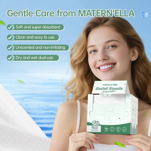 Smiling woman holding box of MATERN'ELLA facial towels with product highlights like soft, absorbent, and dual-use features.