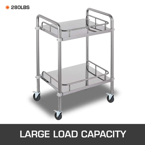 280 lbs capacity stainless steel cart with caster wheels, dual shelves, large load capacity label