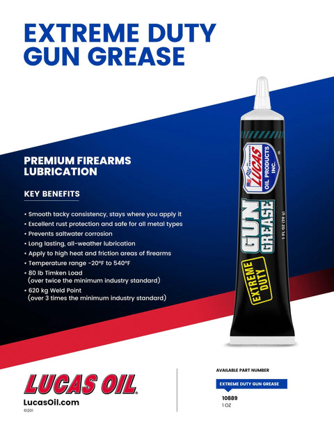 Lucas Oil Extreme Duty Gun Grease tube, 1 oz, black tube with white nozzle and Lucas Oil logo
