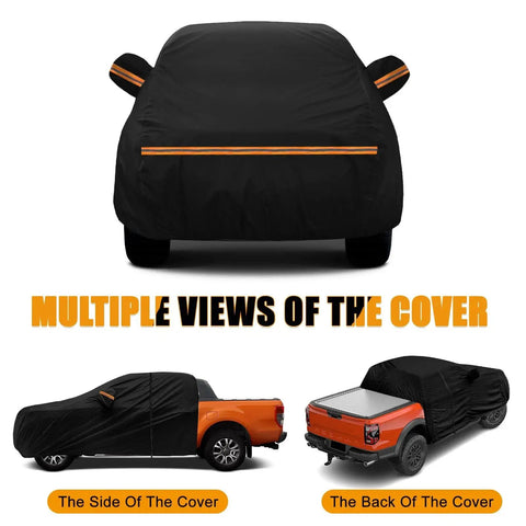 Cab Roof Cover For Mid Size Truck Crew Cab Sunshade With Reflective Warnings showing front, side, and back views on truck