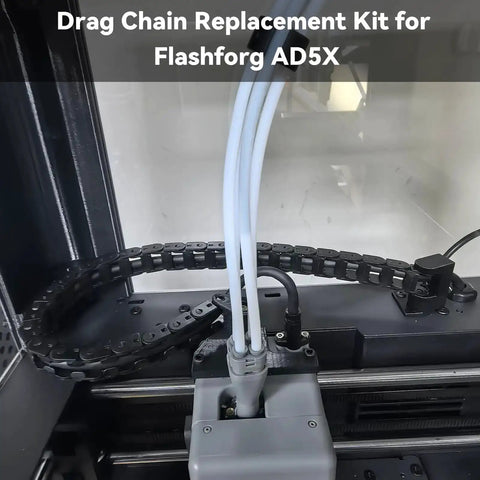 Drag Chain Replacement Kit For FlashForge Adventurer AD5X installed in 3D printer showing flexible wire carrier and PTFE tubes