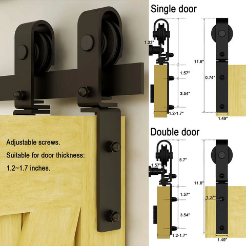 Close-up of 66 Inch Bi Folding Sliding Barn Door Hardware Kit showing rollers, adjustable screws, and door thickness guide