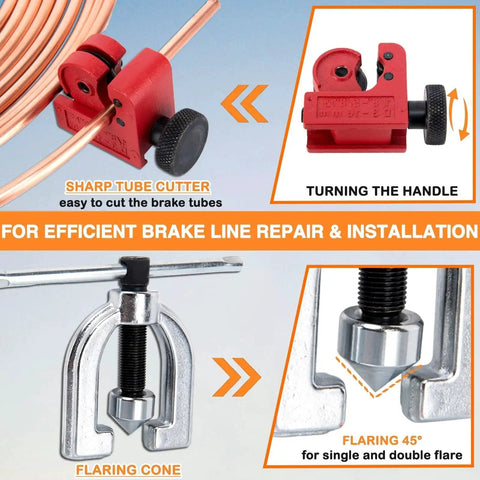 3/16 Inch Brake Line Repair Kit Flaring Tool Cutter Bender 25ft Coated Line showing tube cutter and flaring cone details