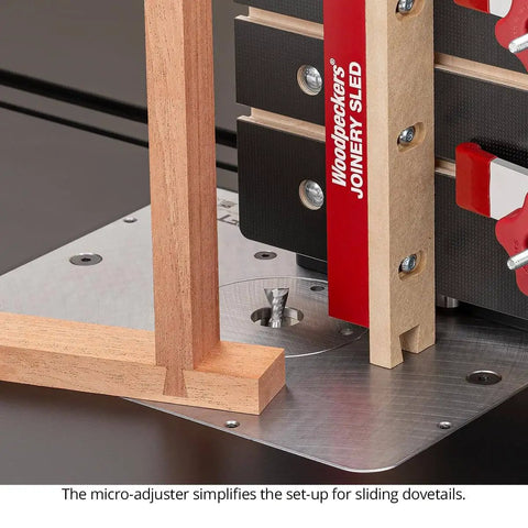 Pro Grade Micro Adjustable Joinery Sled For Precise Box Joints, Miters And Angled Cuts On Table Saw And Router Table, nine inch base