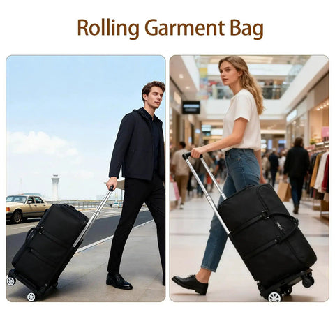 Rolling Garment Bag With Wheels For Travel Carry On Size With Shoe Compartment used by travelers in airport and shopping mall.
