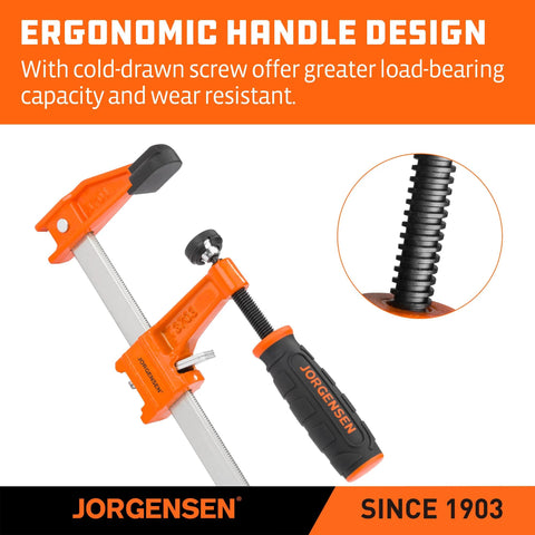 Jorgensen 4-pack steel bar clamps set with 6-inch and 12-inch F-clamps, orange and black handles for woodworking