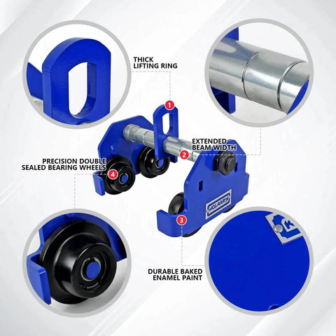 1 Ton Beam Trolley With Heavy Duty Manual Push, Adjustable Flange, dual track rollers, showing features like lifting ring and bearing wheels
