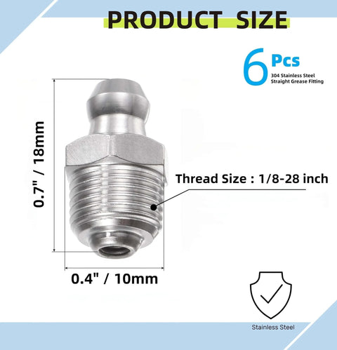 Grease fittings set, 6 pcs, 304 stainless steel, straight, 1/8-28 in thread