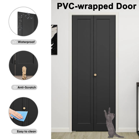 30 Inch By 80 Inch Bifold Barn Door Vinyl Wrapped Textured Black One Panel Bifold Closet Door With Hardware Kit Waterproof