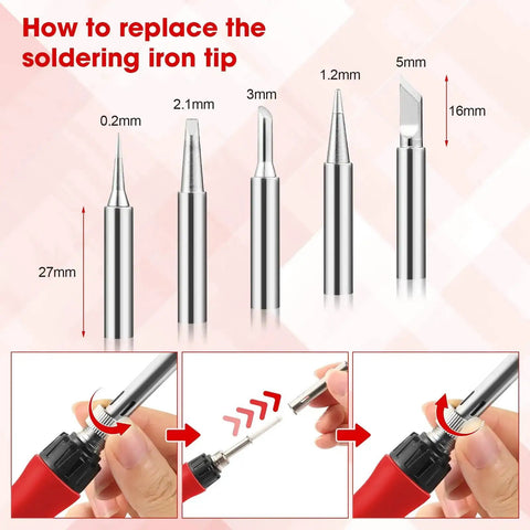 Guide on replacing soldering iron tip for Pro Grade 100W Digital Soldering Iron Kit With Ceramic Heater And LED Display, red handle.