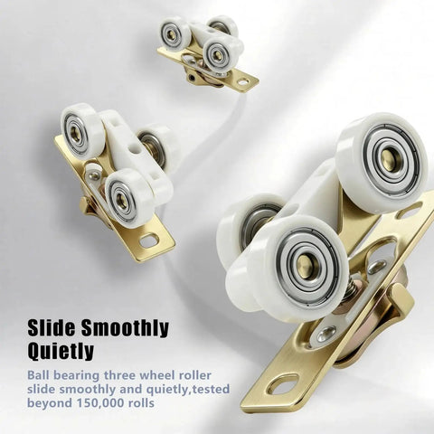 Close-up of 4 Foot Commercial Grade Sliding Pocket Door Hardware Kit rollers with ball bearings on a white background.