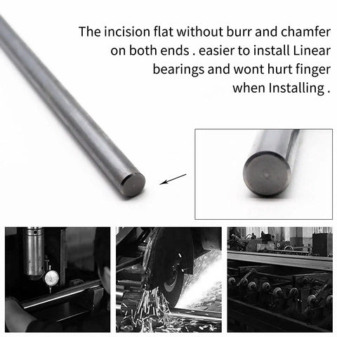 Four Pack 8 mm By 400 mm Case Hardened Chrome Linear Rods For 3D Printers DIY CNC Machines Precision Shafts With Chrome Plating Hrc 62 Tolerance From 7.97 To 7.995 Mm shown with detailed cut and chamfer view