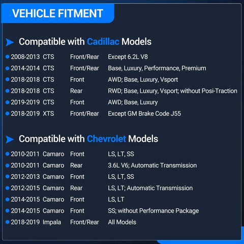 Vehicle fitment chart for Front And Rear Wheel Bearing Hub Assembly 5 Lug With ABS Encoder For Cadillac CTS XTS Camaro Impala 2008-2019