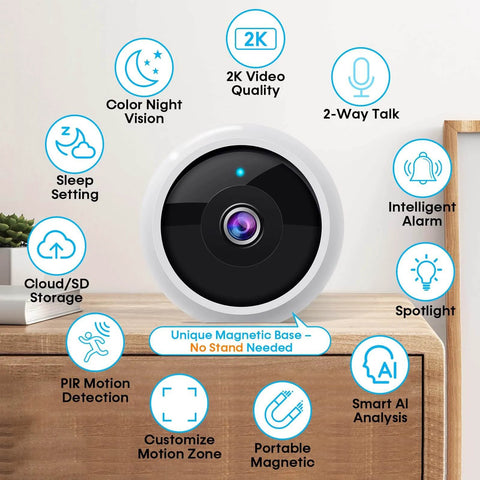 Front view of a smart 2K wireless outdoor security camera with magnetic mount showcasing features, ideal for home security.