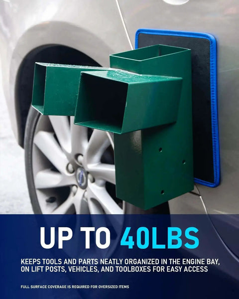 Magnetic Tool Mat Set With Four Magnetic Pads, 40 Pound Capacity attached to car displaying tool storage function.