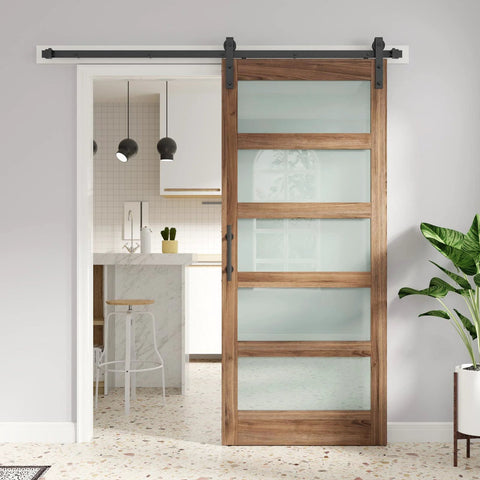 36 By 84 Inches Frosted Glass Sliding Barn Door With Five Panel Design, installed in modern kitchen, showing hardware kit