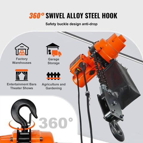 Electric Chain Hoist 2200 Lb 20 Ft Lift 120V Single Phase Remote Control with swivel alloy steel hook in orange