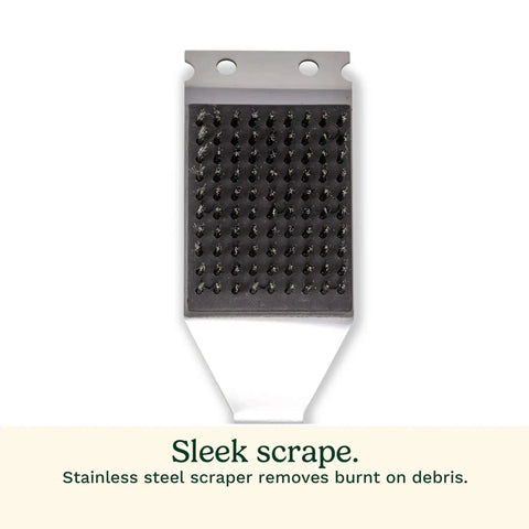 Close-up of stainless steel bristles and scraper on 16.5-Inch Long Handle Stainless Steel Grill Cleaner Brush And Scraper For BBQ Griddle And Outdoor Grills.