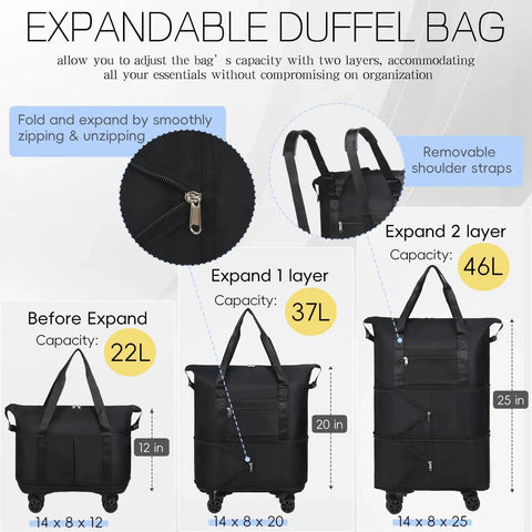 Rolling Duffel Bag With Wheels For Travel Expandable And Foldable Large Capacity Carry On Luggage Bag Black Built From Scratch Resistant Oxford Cloth With Removable Adjustable Strap And Easy Glide Wheels For Weekend Trips; expansion stages illustrated.