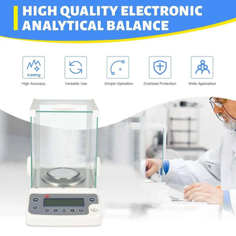 Hyper Accurate 0.0001g Analytical Balance With LCD Display 18 Units USB RS232 Interface For Schools And Labs Wind Shield Glass Cover Provides Stable Measurements Up To 0.26lb in a laboratory setting with scientist in background