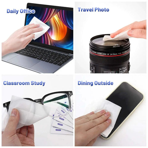 Premoistened Lens Wipes For Glasses And Screens Streak Free Safe For Coatings used on laptop, camera lens, glasses, and smartphone.