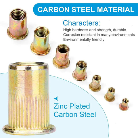 M5 Rivet Nuts 100 Pcs Zinc Plated Carbon Steel Flat Head Rivet Insert shown in various sizes with material details.