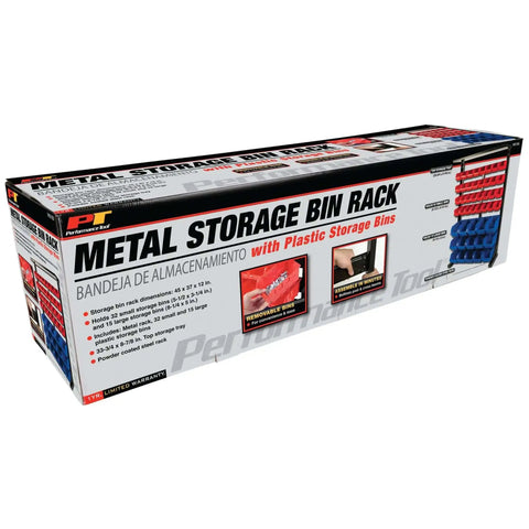 Packaging of a Half Bulk Bin Storage Rack with 32 removable bins for garage organization in red and blue, displayed on box front.