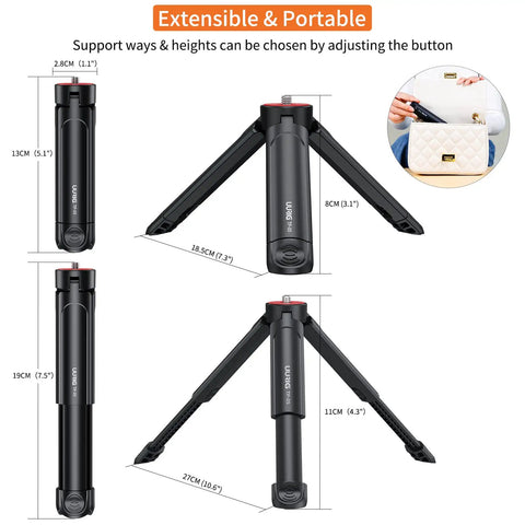 Extendable Mini Camera Tripod With 1/4 Inch Screw showing dimensions, non-slip base, lightweight ABS build, extendable design for DSLR lenses, webcam and smartphone
