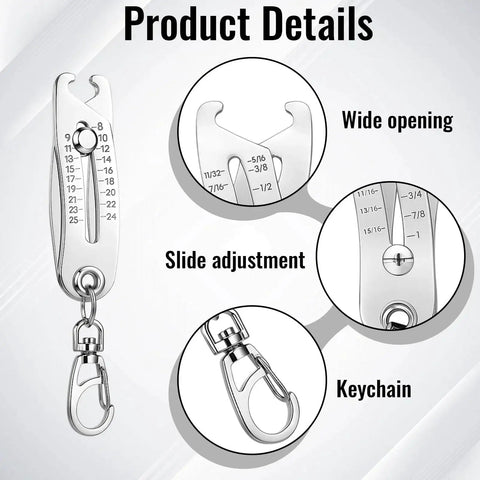 Portable Thread Size Checker Keychain With Dual Vernier Calipers For Quick Bolt Measuring Of Screws And Nuts On The Go Everyday Carry Bolt Size Finder Compact Nut And Bolt Gauge For Thread Identification With SAE And Metric Dual Scale displaying multiple features and keychain attachment.
