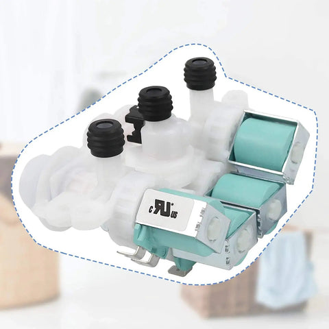 Washer water inlet valve assembly with three ports and teal solenoids, white plastic body, angled front view