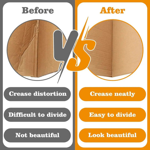 Before and after using Pro Grade Dual Size Box Resizer Tool Set with 0.5mm and 1.2mm CAMs for clean scoring on cardboard.