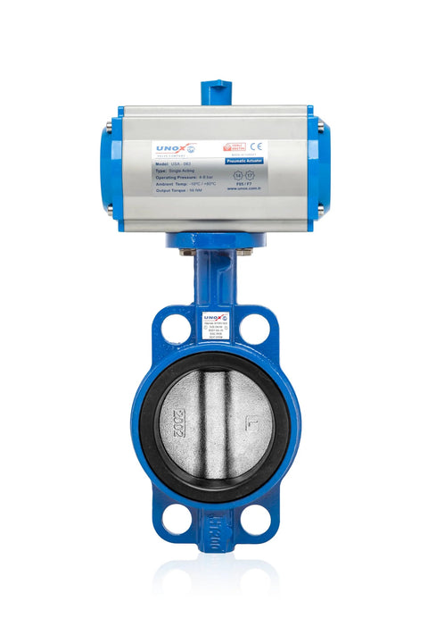 UNOX pneumatic butterfly valve, wafer DN125 (5"), blue body, stainless steel disc, EPDM seat